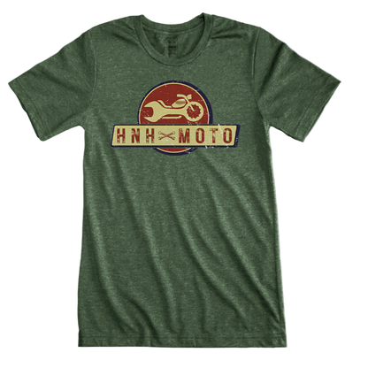 Three HnH Moto branded t-shirts in green, yellow, and black colors, featuring a graphic of a motorcycle and the brand logo.