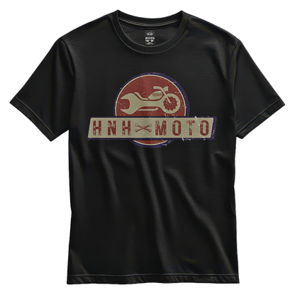 Three HnH Moto branded t-shirts in green, yellow, and black colors, featuring a graphic of a motorcycle and the brand logo.