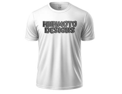 Three crew neck t-shirts, two white and one green, with 'HNH MOTO DESIGNS' text printed on the front.